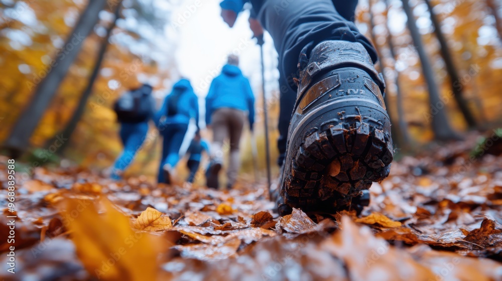 Close-up of the rear of hiking boots as a group of adventurers trek through a forest with the ground covered in autumn leaves, highlighting their journey and connection to nature. Close-up of the rear of hiking boots as a group of adventurers trek through a forest with the ground covered in autumn leaves, highlighting their journey and connection to nature.