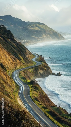 Scenic coastal road winding along a dramatic landscape, overlooking the ocean and mountains, ideal for travel and nature enthusiasts. photo