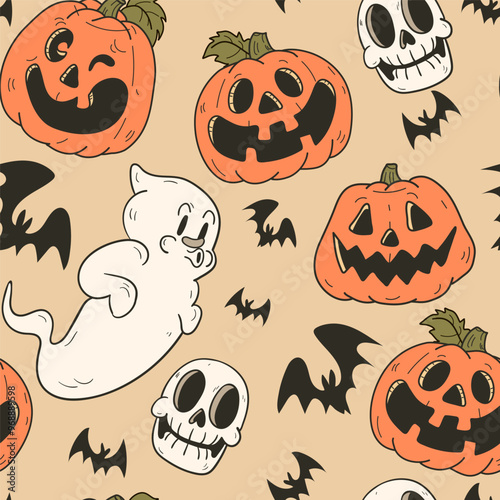Halloween seamless pattern. Vector background with pumpkin, bat, ghost and skull. Cute autumn design. Black spooky wallpaper illustration. Scary holiday horror sketch art.