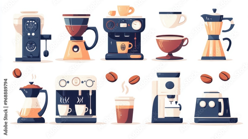 Artistic set of vector coffee machines and coffee drinks isolated on brown background,hand-drawn vector,coffee cups and coffee beans,modern flat design,Fashionable and cute coffee motif concept.