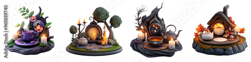 Set of whimsical miniature houses with unique designs, surrounded by nature and warm lighting, perfect for fantasy themes.