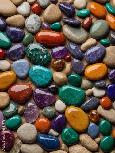 Assorted colorful polished stones and pebbles, including amethyst, turquoise, quartz, and other semi-precious gems