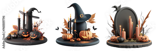 Stylish Halloween decorations featuring pumpkins, candles, and witch hats, perfect for festive celebrations and themed parties.