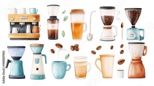 Wallpaper Mural Artistic set of vector coffee machines and coffee drinks isolated on brown background,hand-drawn vector,coffee cups and coffee beans,modern flat design,Fashionable and cute coffee motif concept. Torontodigital.ca