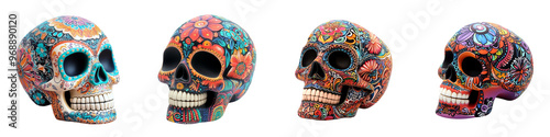 Vibrant decorated skulls inspired by traditional art, perfect for Halloween or Day of the Dead themes, showcasing colorful patterns.