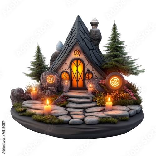 Whimsical cottage with glowing candles and enchanting garden, perfect for fantasy-themed artwork and storytelling.