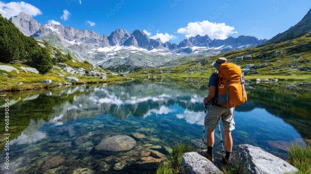 A hiker with an orange backpack stands by a crystal-clear mountain lake, marveling at the breathtaking scenery of snow-topped peaks and reflecting waters.
