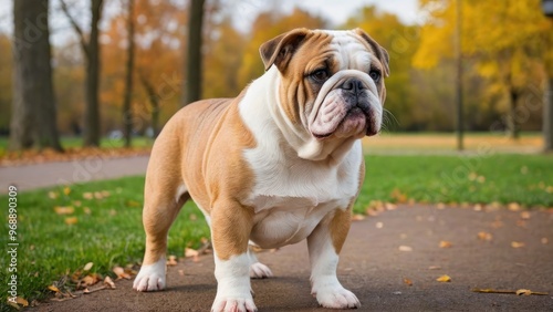 Fawn english bulldog in the park