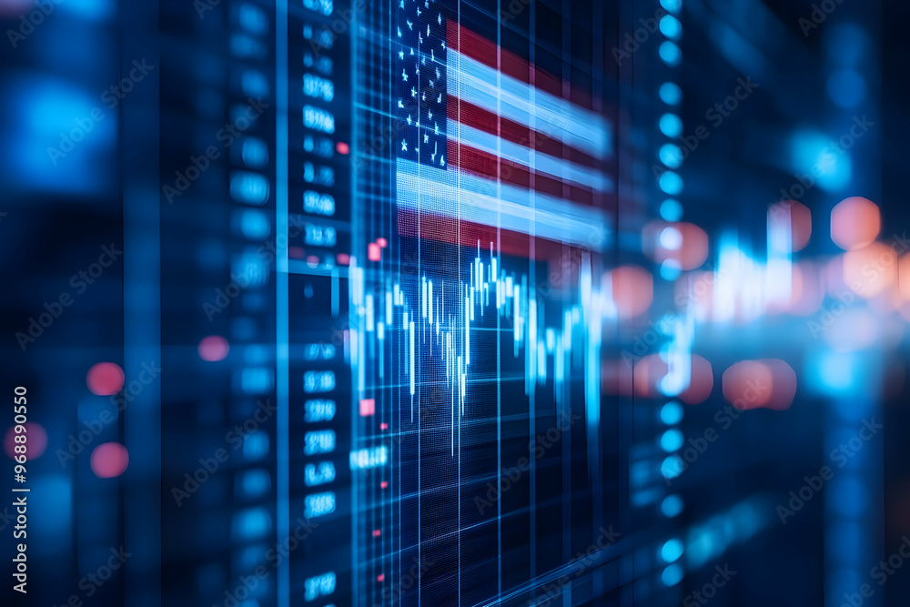 Financial Data Overlay with American Flag: U.S. Stock Market Analysis and Economic Trends Financial Data Overlay with American Flag: U.S. Stock Market Analysis and Economic Trends