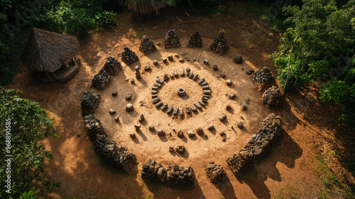 Sacred site of an indigenous religion, stone structures arranged in a ceremonial circle, with offerings placed at the center