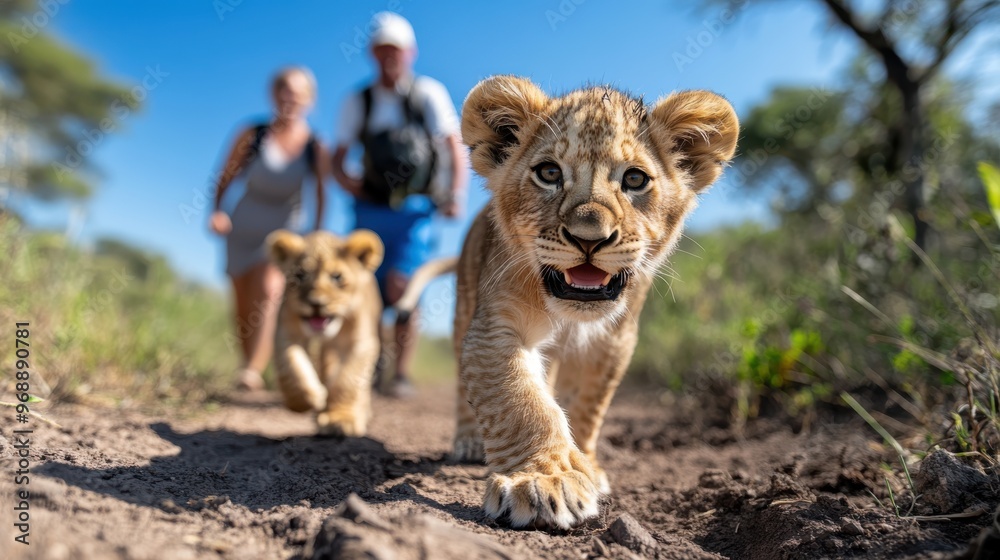 Obraz premium A close-up shot of two adorable lion cubs walking on a dirt path during a safari, with a blurred background of trees, sky, and two people exploring nature.