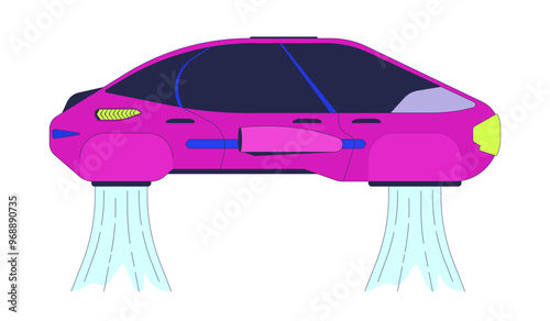 Flying car driverless 2D cartoon object. Futuristic transport. Futurism autonomous vehicle isolated element flat vector clipart on white background. Future transportation unmanned. Spot illustration