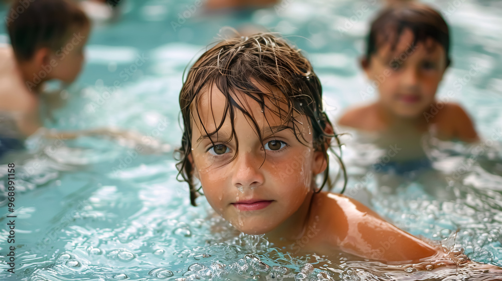 Portrait of children in water at the edge of a pool, waiting for a swimming lesson. Portrait of children in water at the edge of a pool, waiting for a swimming lesson.