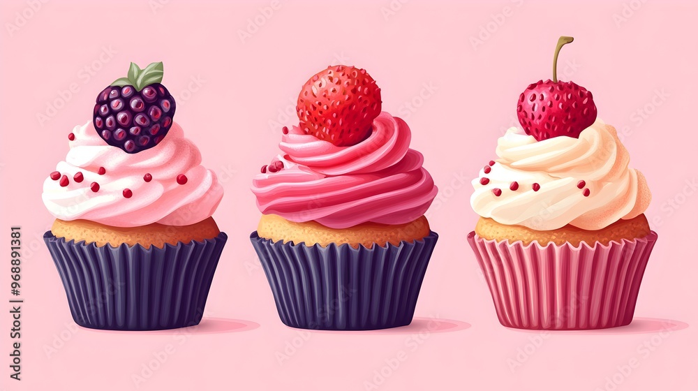 Vegan Dessert Cupcakes with Vibrant Frosting and Fresh Berries on Minimal Pink Background Vegan Dessert Cupcakes with Vibrant Frosting and Fresh Berries on Minimal Pink Background
