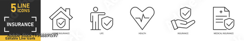 Insurance line icon set. Set of 5 outline icons related to home insurance, life, health, insurance, medical insurance and more. Vector illustration.