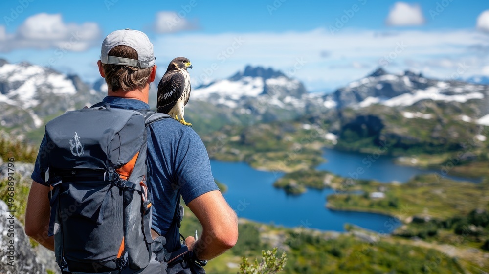 A man with a gray backpack hikes a mountain trail, accompanied by a bird perched on his shoulder, taking in the panoramic view of the mountainous landscape and lake below. A man with a gray backpack hikes a mountain trail, accompanied by a bird perched on his shoulder, taking in the panoramic view of the mountainous landscape and lake below.