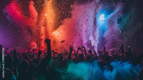 Crowd of people celebrating at a concert with confetti and colored smoke