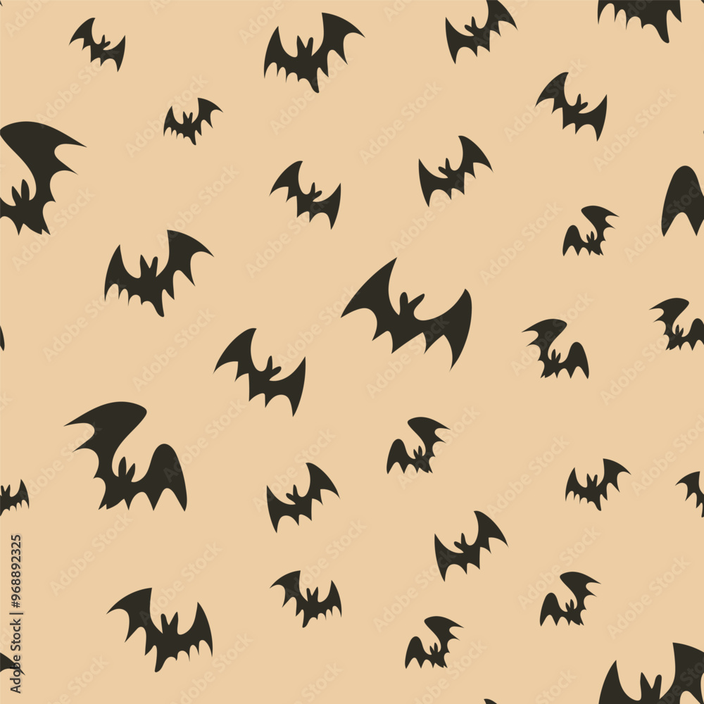 Fototapeta premium Seamless vector texture of various flying bat shapes. Different minimalistic black bats isolated on pastel orange background