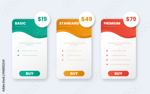 Website UI elements for pricing plans or subscriptions. Product and price comparison table.