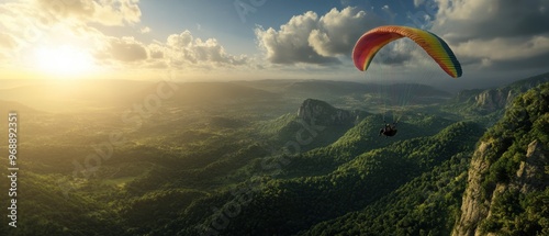 Paraglider Soaring Over Lush Green Valley at Sunset with Dramatic Clouds and Scenic Landscape