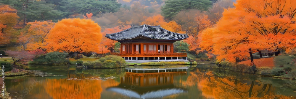 Obraz premium Traditional Korean Gazebo with Vibrant Orange Autumn Colors Reflected in a Tranquil Lake