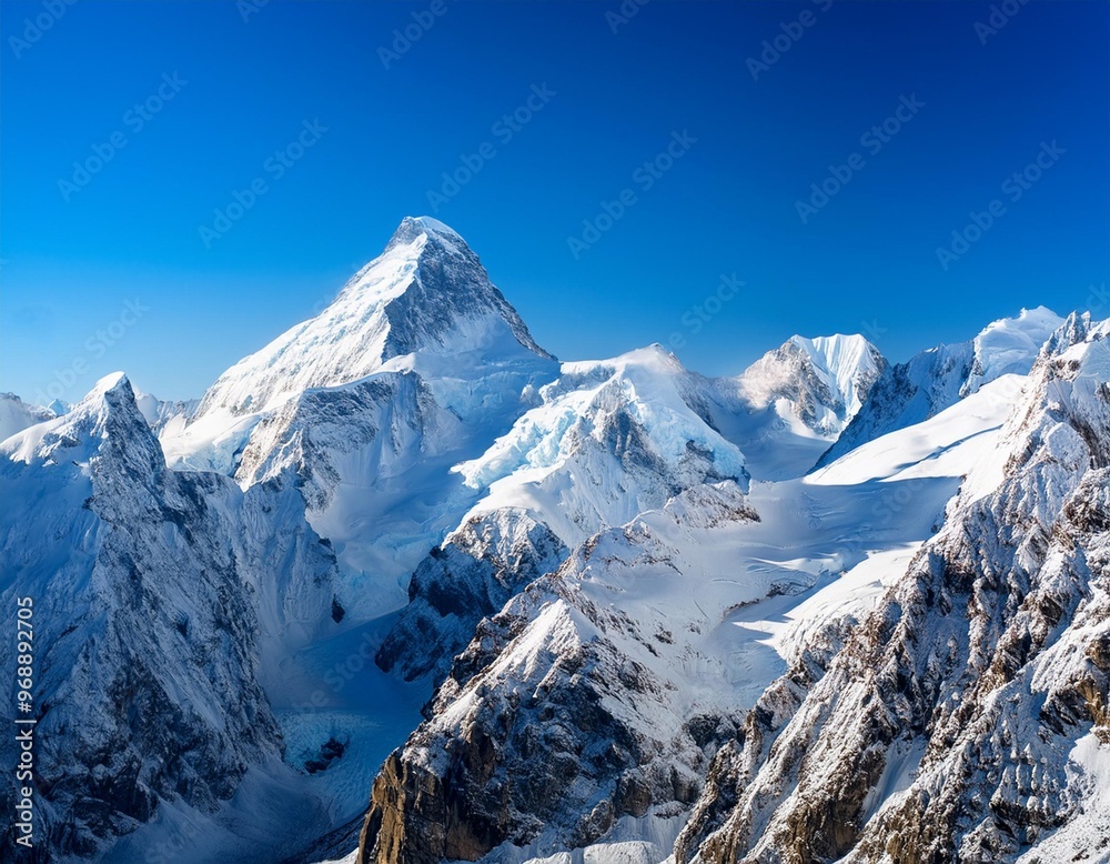 Majestic snow-capped mountain peaks under a clear blue sky in winter Majestic snow-capped mountain peaks under a clear blue sky in winter