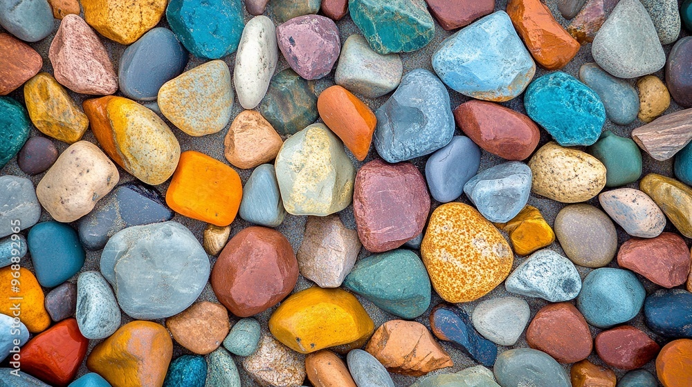 Multicolored small pebbles on a beach. Abstract background.