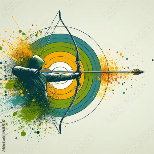 Archery target with dynamic arrows and explosive color splashes

