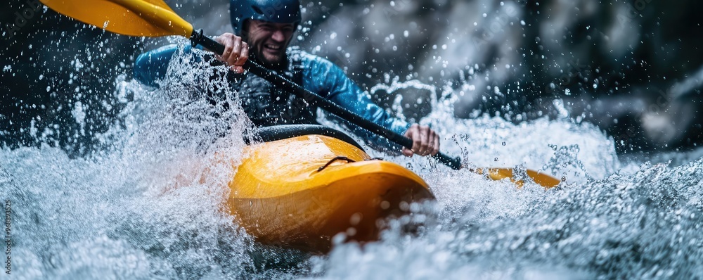 Fototapeta premium Closeup of a kayaker navigating fast river rapids, water splashing dramatically, intense expression of thrill and focus, adventure sports theme