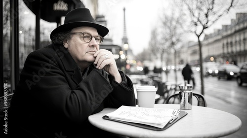 A pensive man in a dark coat and hat sits at a café terrace in Paris, sketching on a rainy day, creating an evocative scene of reflection, solitude, and Parisian charm.