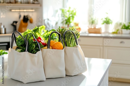 Fresh vegetables in reusable bags on kitchen counter.
