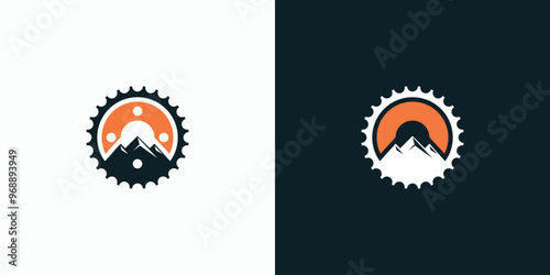 A combination logo that combines the shapes of a mountain, a gear and the sun. Icon for business, outdoor, automotive, sports and personal branding.