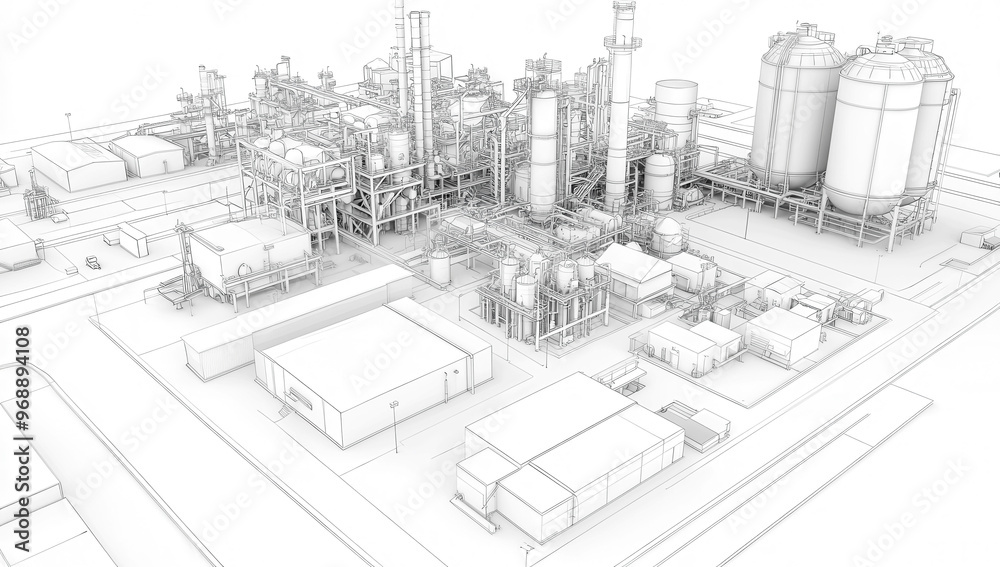 Fototapeta premium Intricate 3D sketch of a large industrial plant in black and white, showcasing complex structures and machinery in detailed perspective