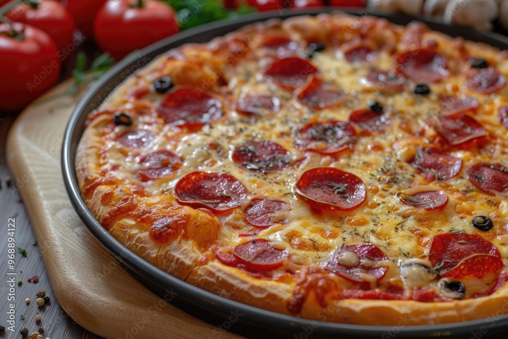 Delicious Pepperoni Pizza Slice with Melting Cheese and Fresh Ingredients on Rustic Background Delicious Pepperoni Pizza Slice with Melting Cheese and Fresh Ingredients on Rustic Background