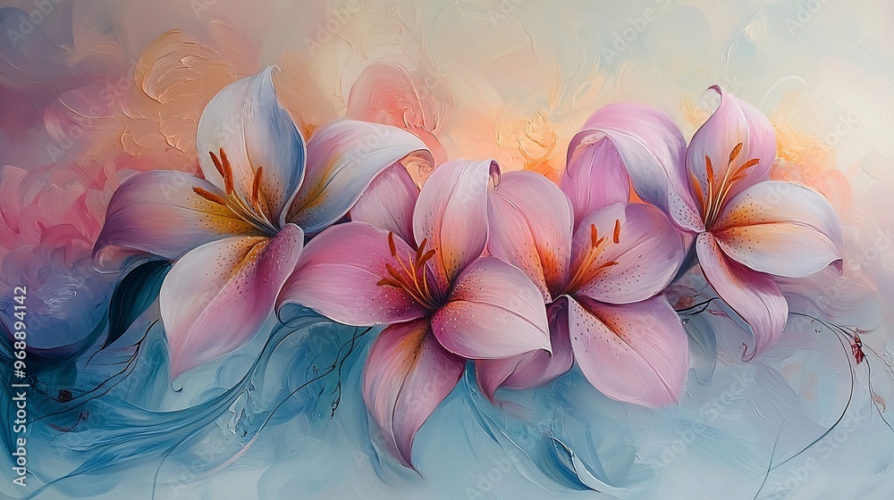 Semiabstract bouquet of lilies and vines where the flowers petals extend into flowing lines of pastel colors symbolizing grace and elegance Semiabstract bouquet of lilies and vines where the flowers petals extend into flowing lines of pastel colors symbolizing grace and elegance