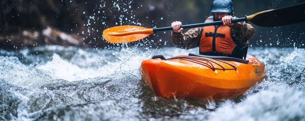 Fototapeta premium Kayak pushing through foamy rapids, dynamic water movement captured with splashes and ripples, actionpacked outdoor adventure