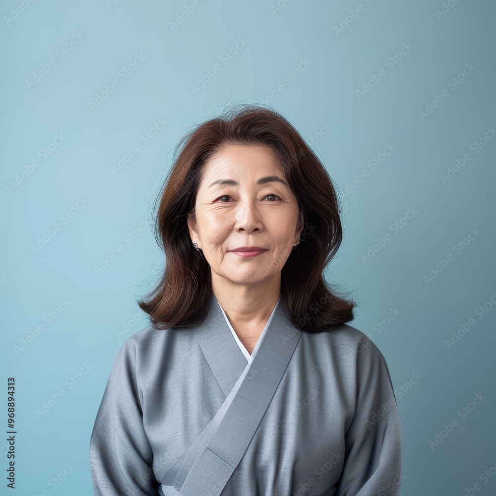 Portrait of a buoyant East Asian woman in her 50s with shoulder-length hair wearing traditional attire against a calm blue background Portrait of a buoyant East Asian woman in her 50s with shoulder-length hair wearing traditional attire against a calm blue background