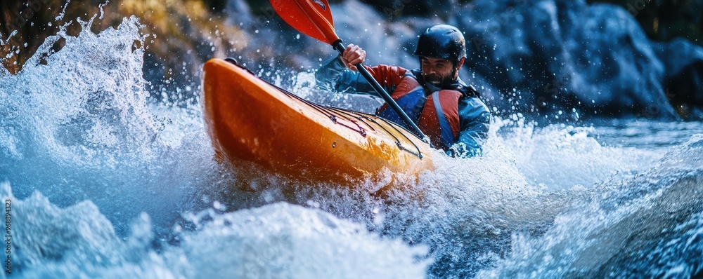 Fototapeta premium Kayak pushing through foamy rapids, dynamic water movement captured with splashes and ripples, actionpacked outdoor adventure