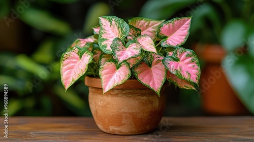Colorful potted plant with lush pink and green leaves in a rustic brown pot