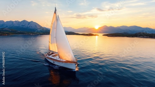 A serene image of a sailing boat cruising on calm waters at sunset with majestic mountains in the background, evoking a sense of peace, adventure, and beauty of nature.