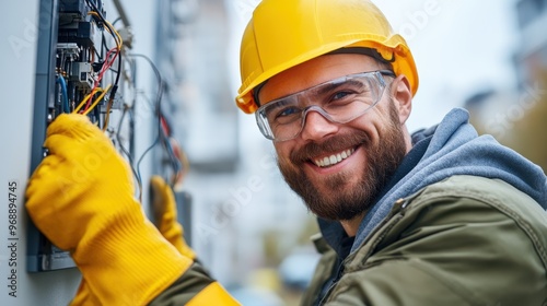 A cheerful electrician is seen fixing wiring while wearing a yellow safety helmet, goggles, and gloves, showing his expertise and safety consciousness in handling electrical tasks. photo