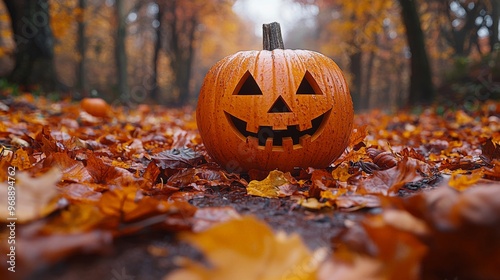 jack o lantern in autumn park, place for text