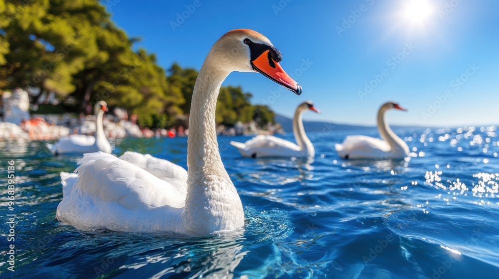 A magnificent swan with an orange beak swims peacefully on a clear blue lake, with bright sunlight casting glistening reflections on the water and lush green trees in the background. A magnificent swan with an orange beak swims peacefully on a clear blue lake, with bright sunlight casting glistening reflections on the water and lush green trees in the background.