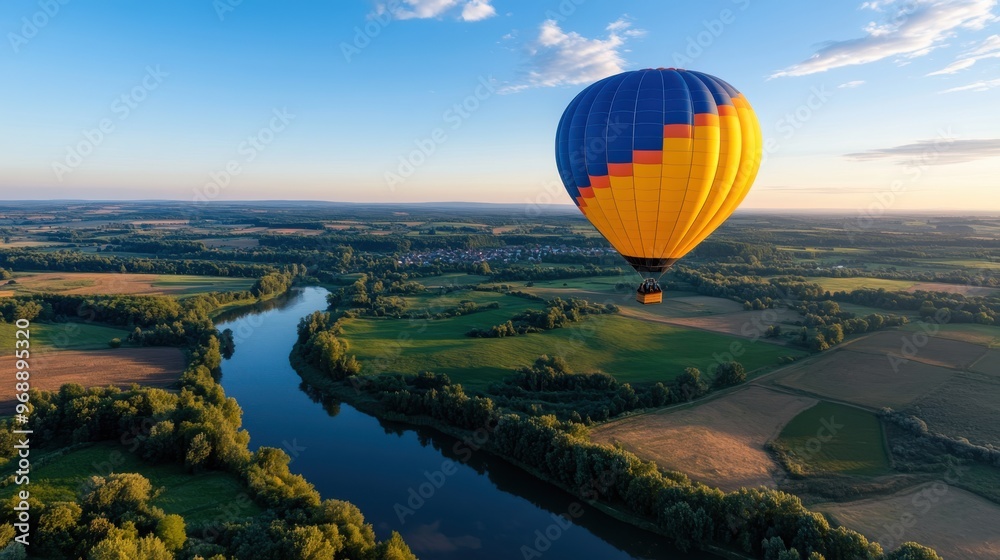 Obraz premium A vibrant hot air balloon floats gracefully over a picturesque river landscape with lush greenery and vast open skies, providing a serene and beautiful aerial view.