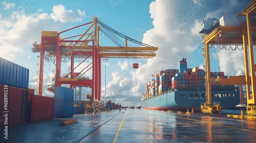 31. A port with a large container ship being docked and prepared for unloading