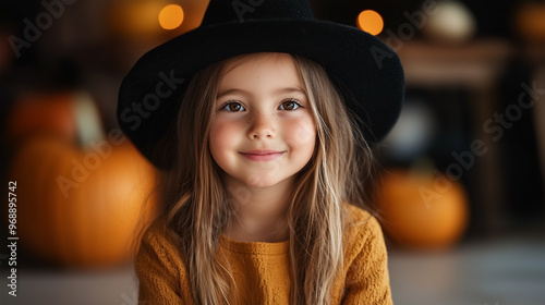 A haunting yet beautiful Halloween girl portrait set against a spooky backdrop. The mysterious character is surrounded by eerie details like glowing pumpkins, dark shadows, and swirling mist.