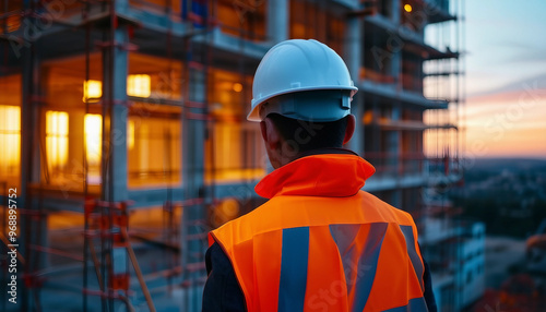 A back view of a construction worker wearing a white hard hat and an orange safety vest, observing