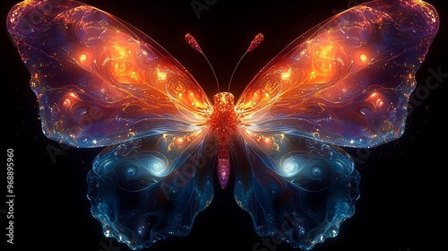 Semiabstract butterfly with wings formed from swirling patterns of neon colors symbolizing transformation and growth photo