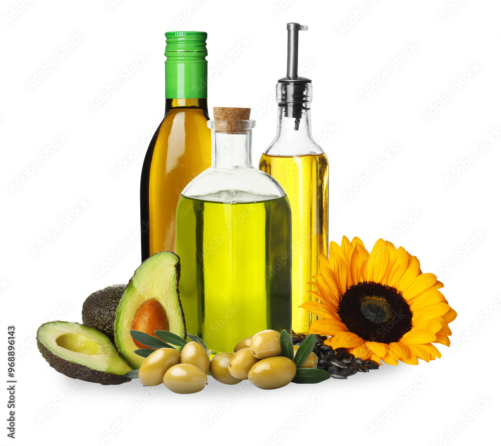 Vegetable fats. Set of different oils and ingredients isolated on white Vegetable fats. Set of different oils and ingredients isolated on white