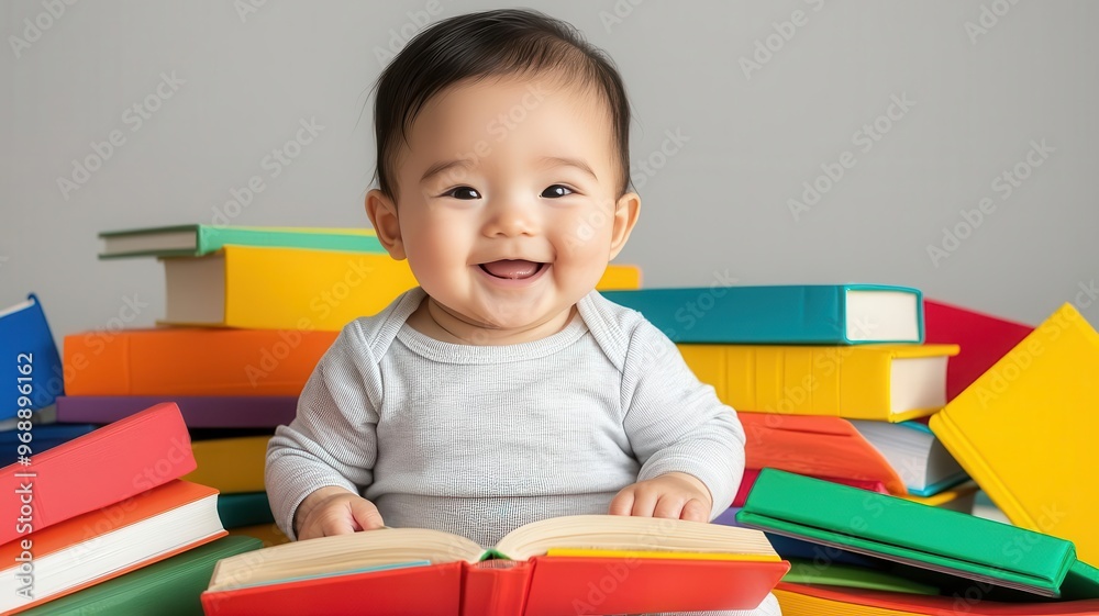 A joyful baby smiling while flipping through a colorful book, surrounded by a pile of vibrant children's books, Baby reading, early education, love for learning A joyful baby smiling while flipping through a colorful book, surrounded by a pile of vibrant children's books, Baby reading, early education, love for learning